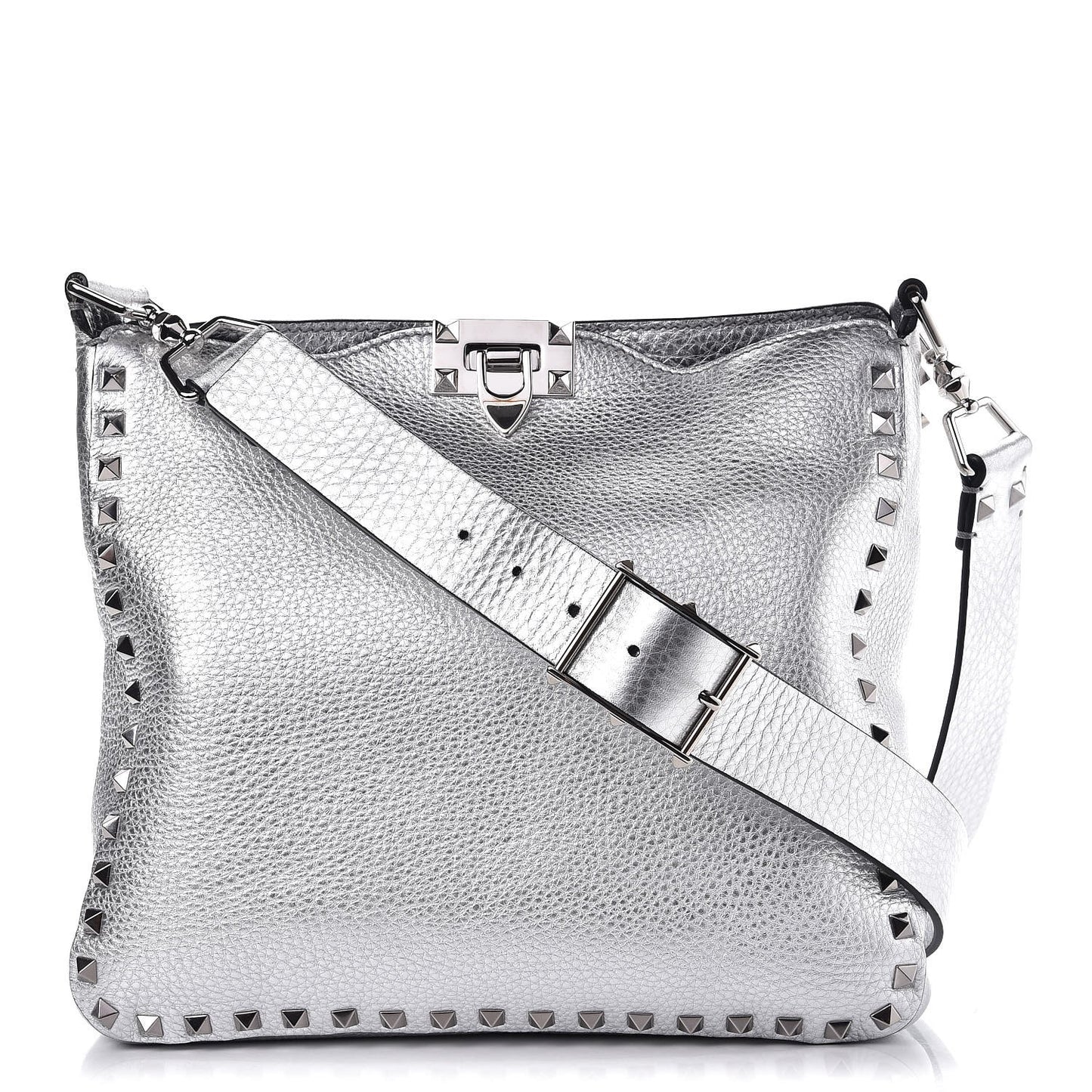 Metallic Pebbled Calfskin Small Rockstud Flip-Lock Messenger Bag Silver