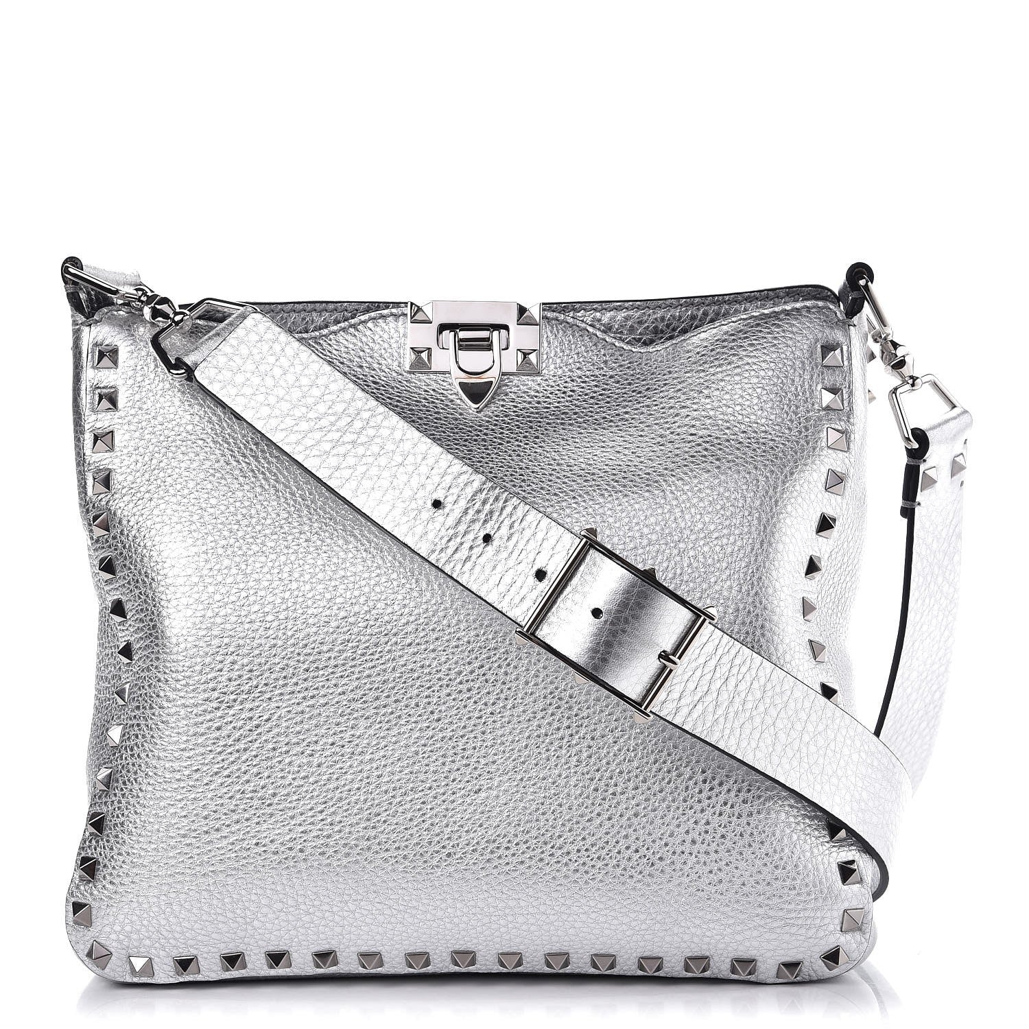 Valentino Garavani Metallic Pebbled Calfskin Small Rockstud Flip-Lock Messenger Bag Silver 1 of 6