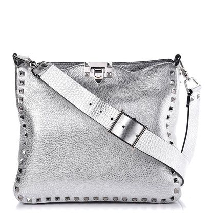 Valentino Garavani Metallic Pebbled Calfskin Small Rockstud Flip-Lock Messenger Bag Silver 1 of 6