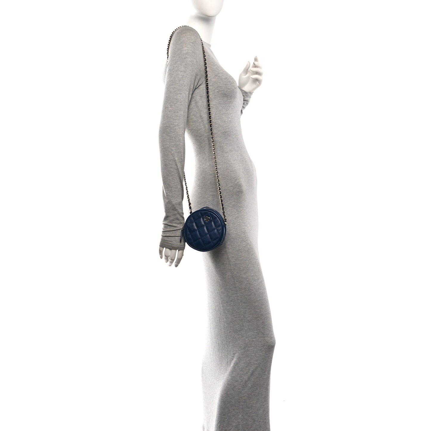 Caviar Quilted Round Clutch With Chain Navy