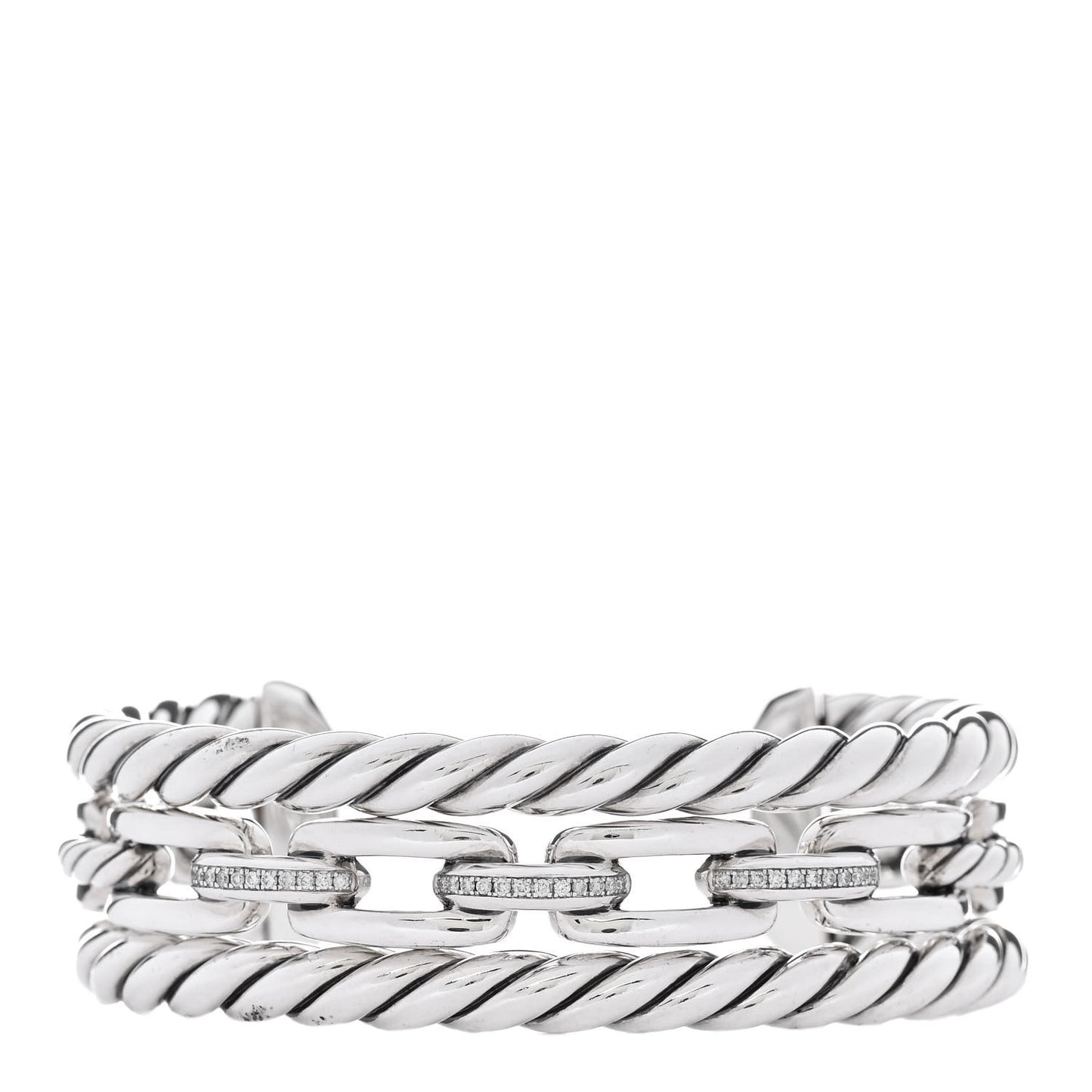 Sterling Silver Diamond Wellesley Link Three-Row Cuff Bracelet