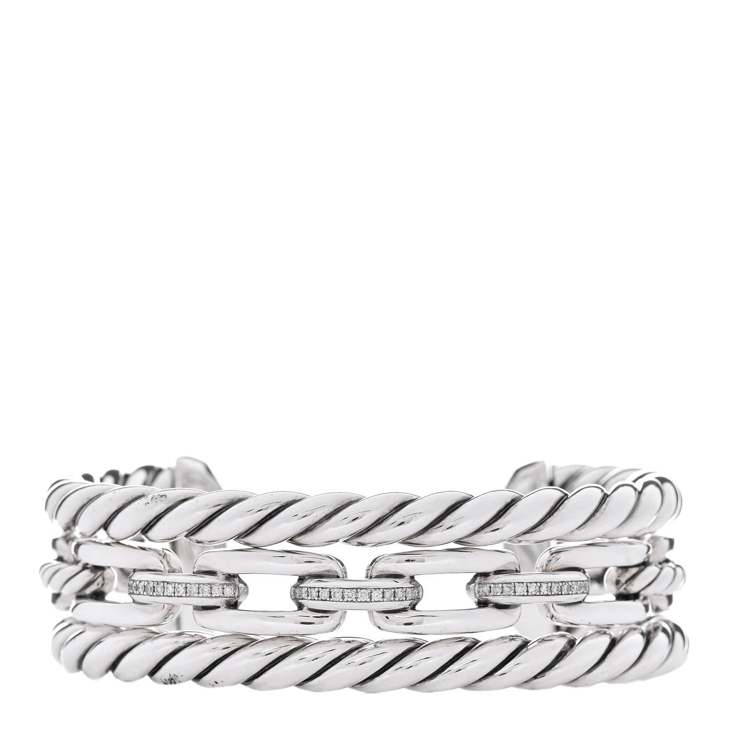 David Yurman Sterling Silver Diamond Wellesley Link Three-Row Cuff Bracelet 1 of 4