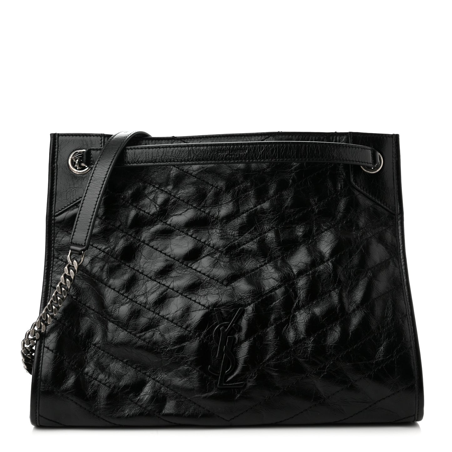 Crinkled Calfskin Matelasse Monogram Medium Niki Shopper Tote Black