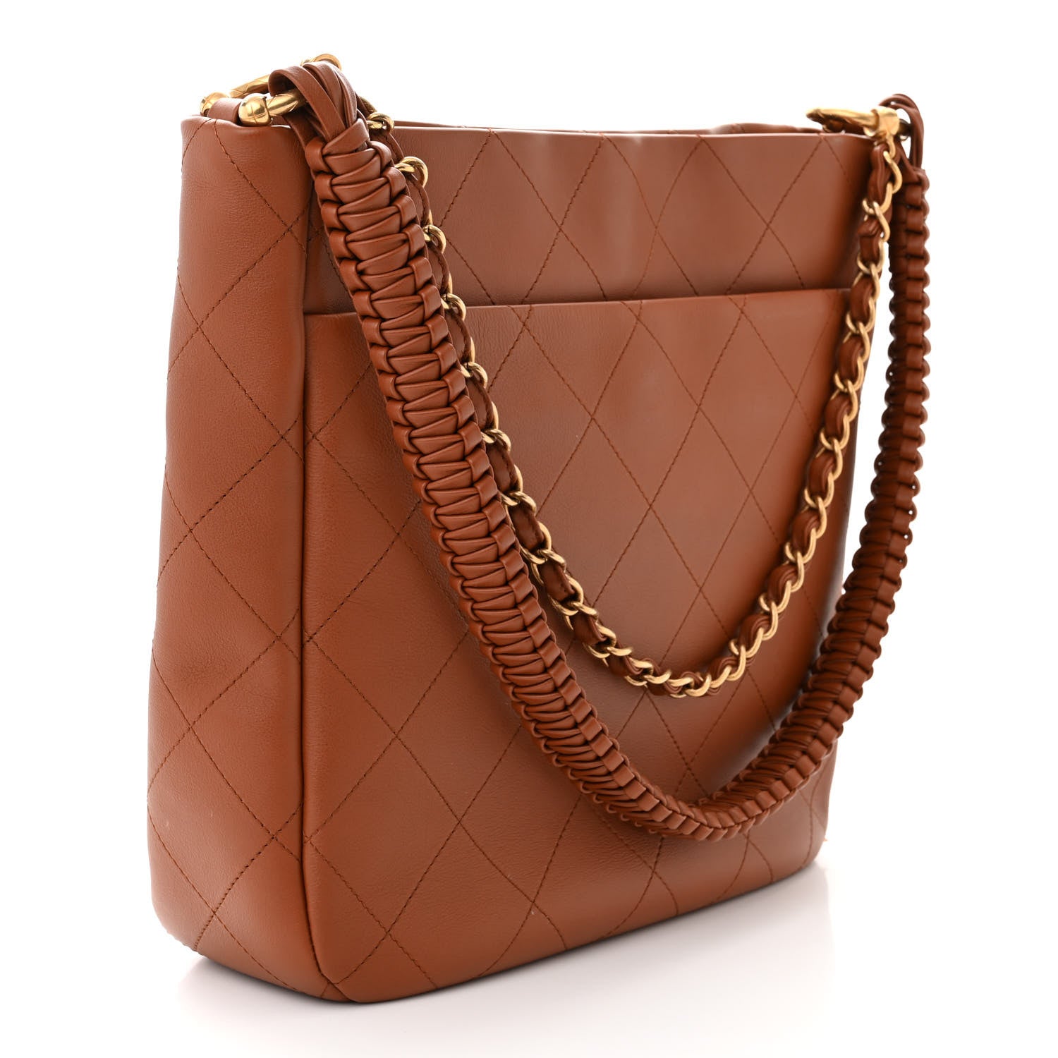 Chanel Calfskin Quilted Braided Handle Chain Hobo Brown 1483955