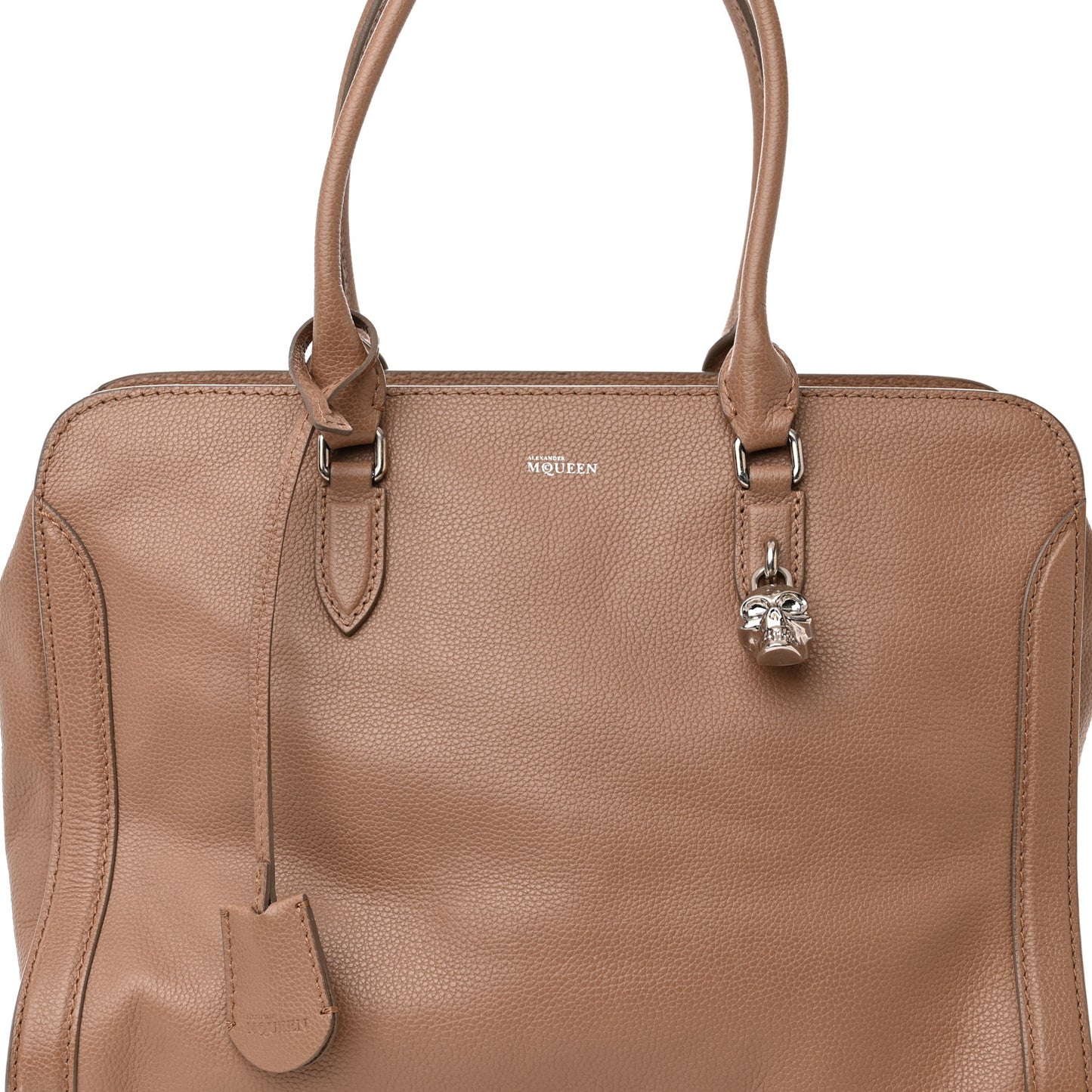 Pebbled Calfskin Large Skull Padlock Zip Around Tote Taupe