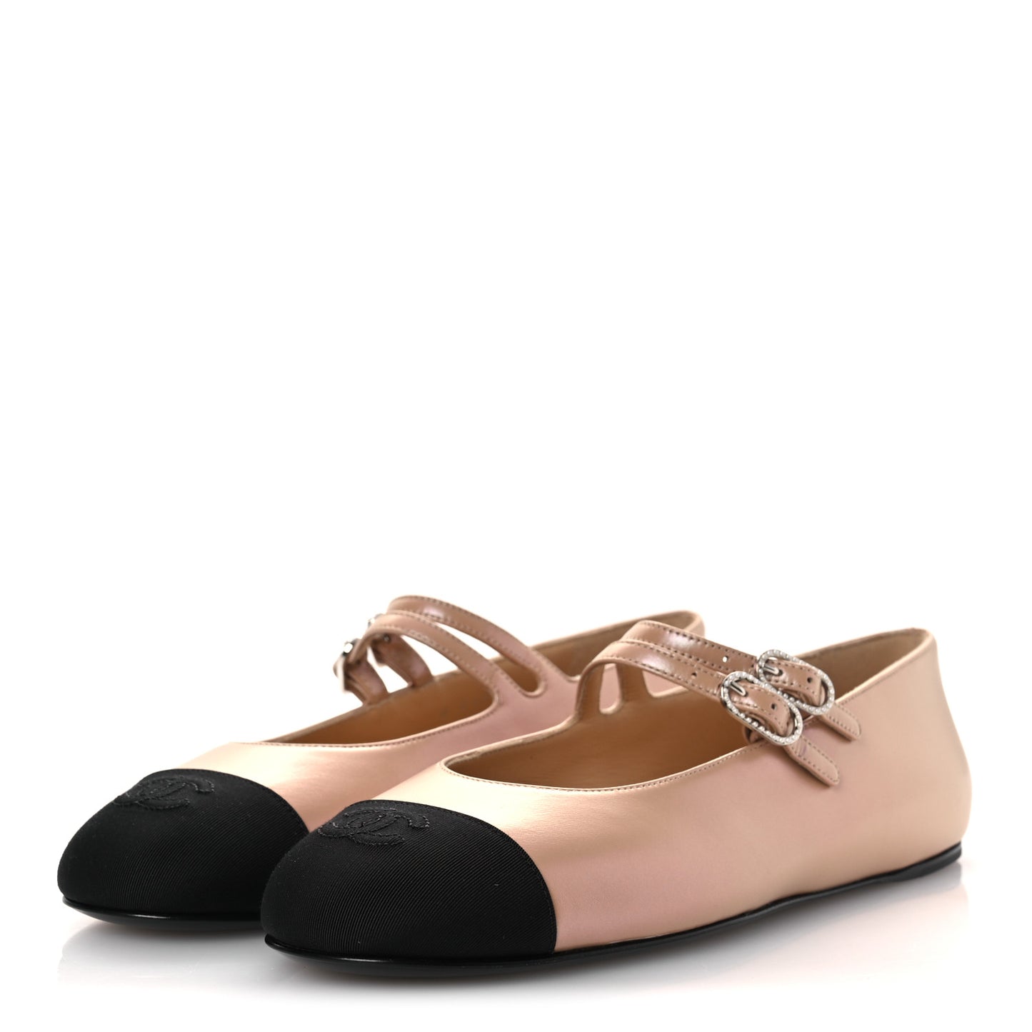 Lambskin Grosgrain Pearl Mary Jane Flats 39 Beige Black