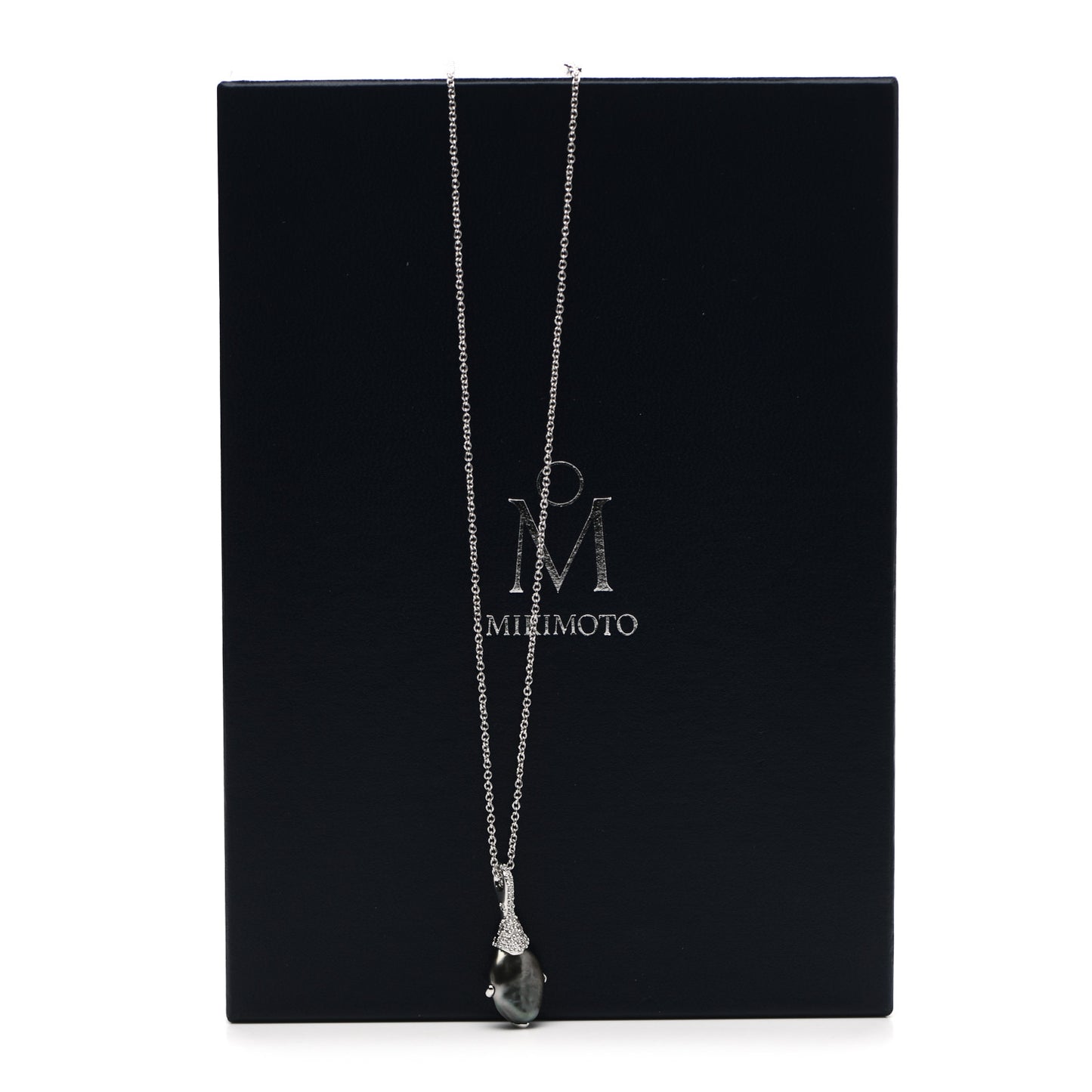 18K White Gold Diamond Black South Sea Cultured Pearl 12mm Pendant Necklace