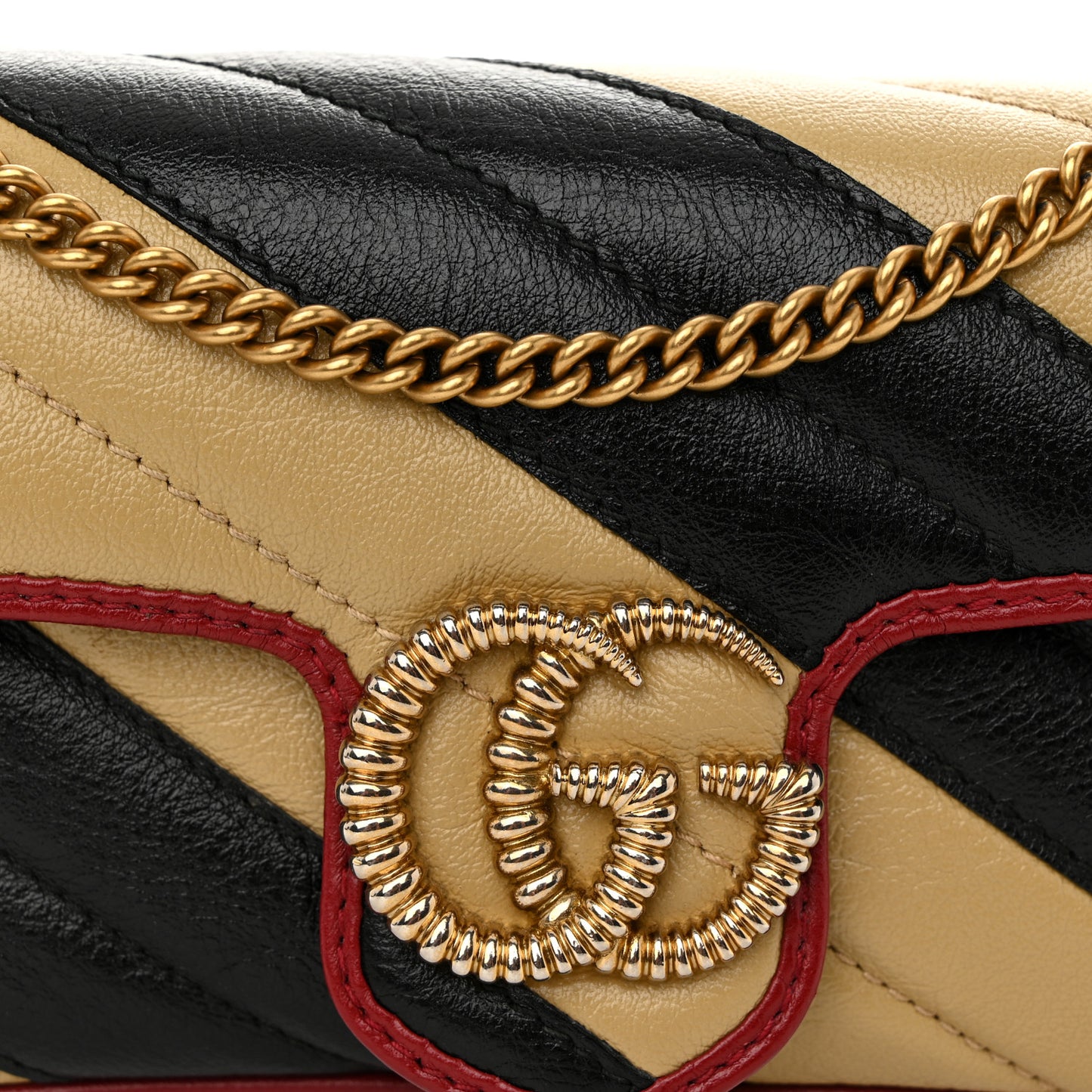 Vintage Effect Calfskin Matelasse Diagonal Striped Super Mini Torchon GG Marmont Shoulder Bag Black Beige