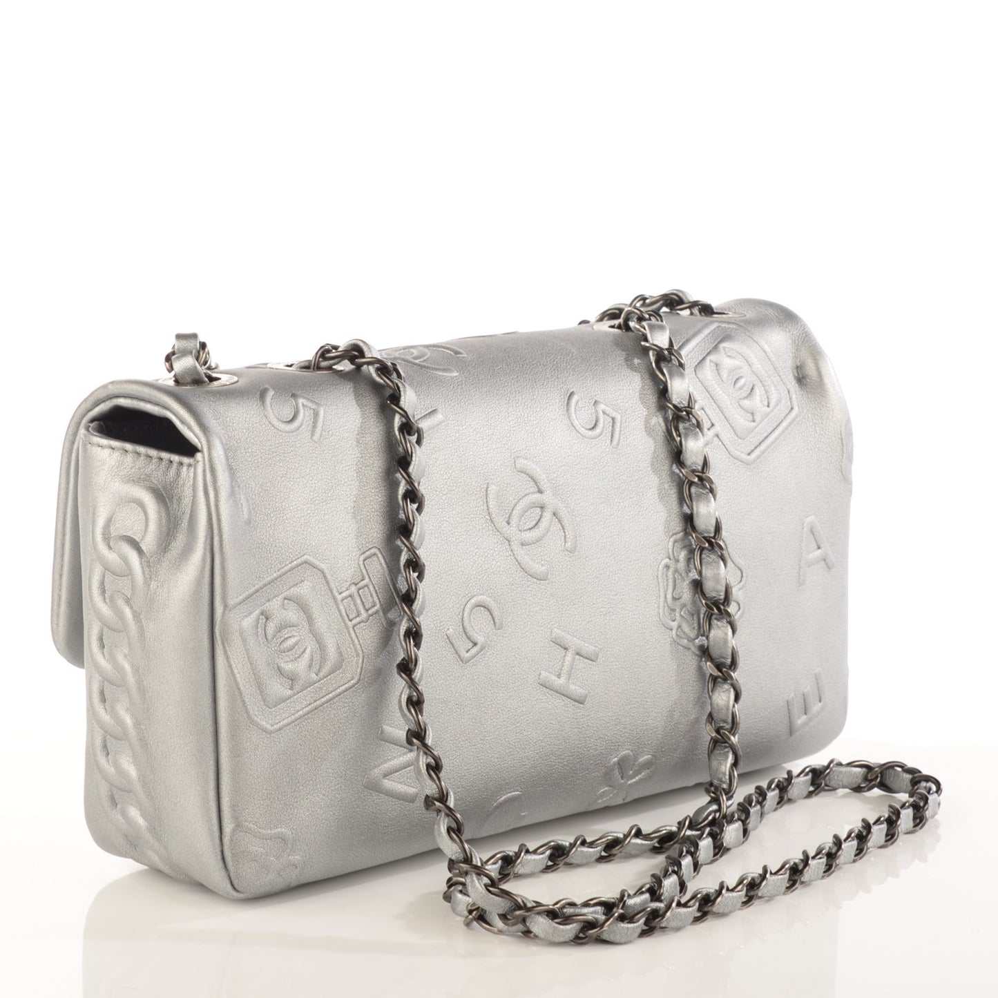 Metallic Lambskin Symbols Medium Single Flap Silver