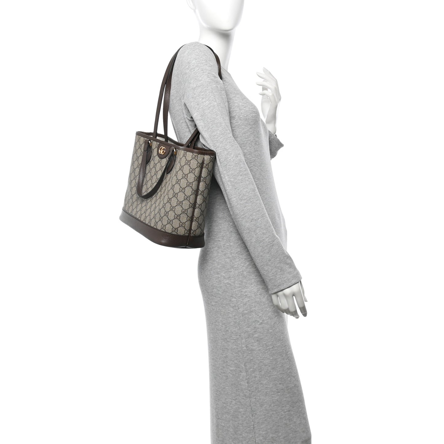 GG Supreme Monogram Textured Calfskin Small Ophidia Shoulder Tote Bag Beige Ebony New Acero
