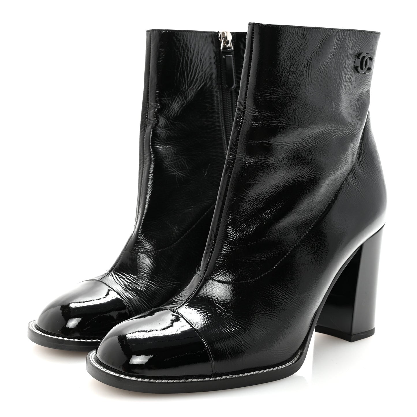 Shiny Calfskin Patent Cap Toe CC Short Boots 38.5 Black