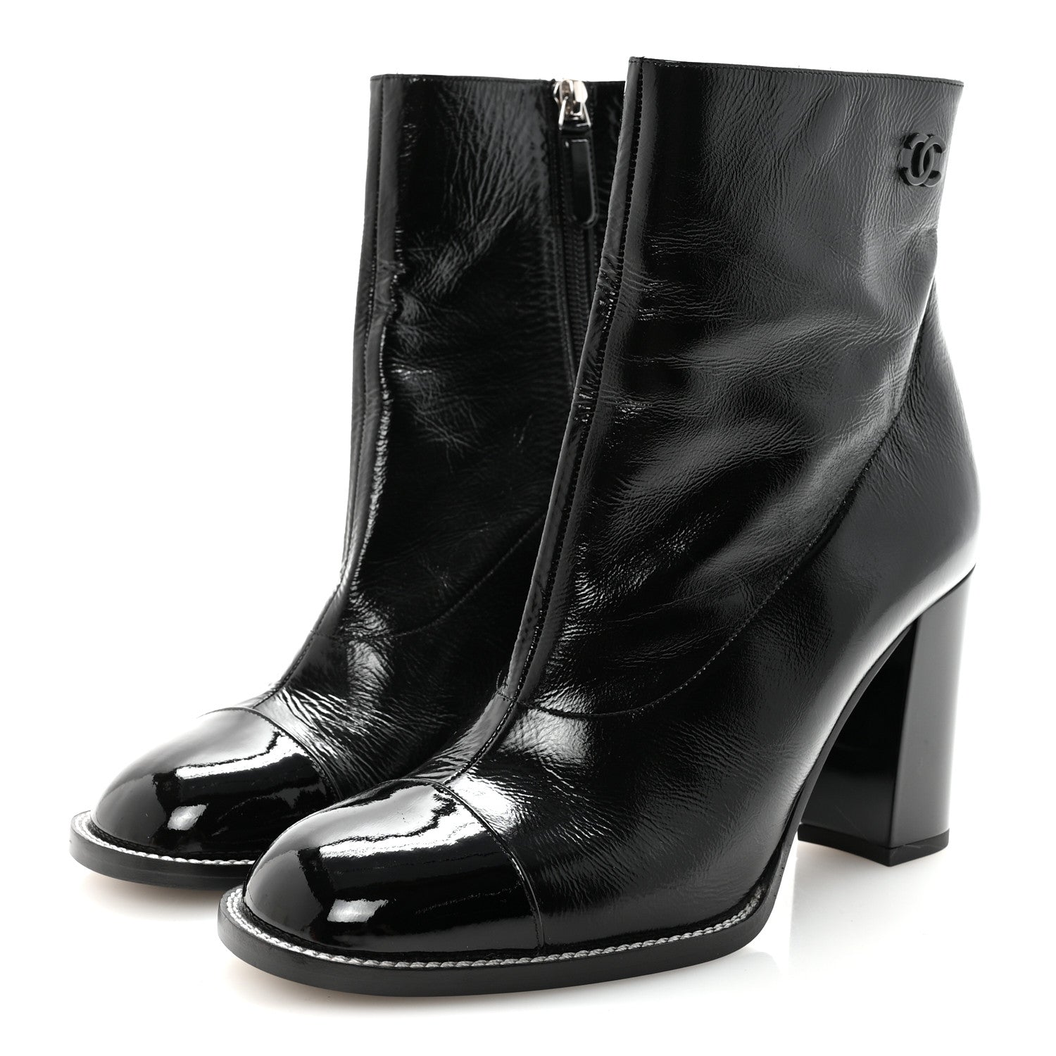 Chanel Shiny Calfskin Patent Cap Toe CC Short Boots 38.5 Black 7 of 20