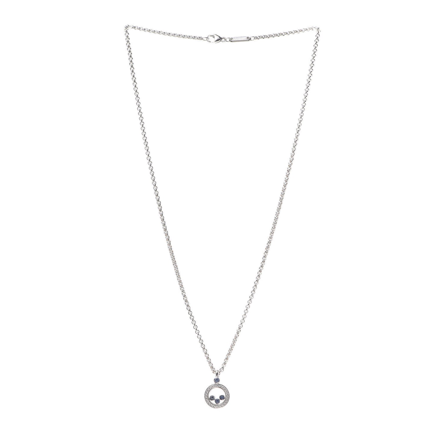 18K White Gold Blue Sapphire Diamond Happy Diamonds Pendant Necklace