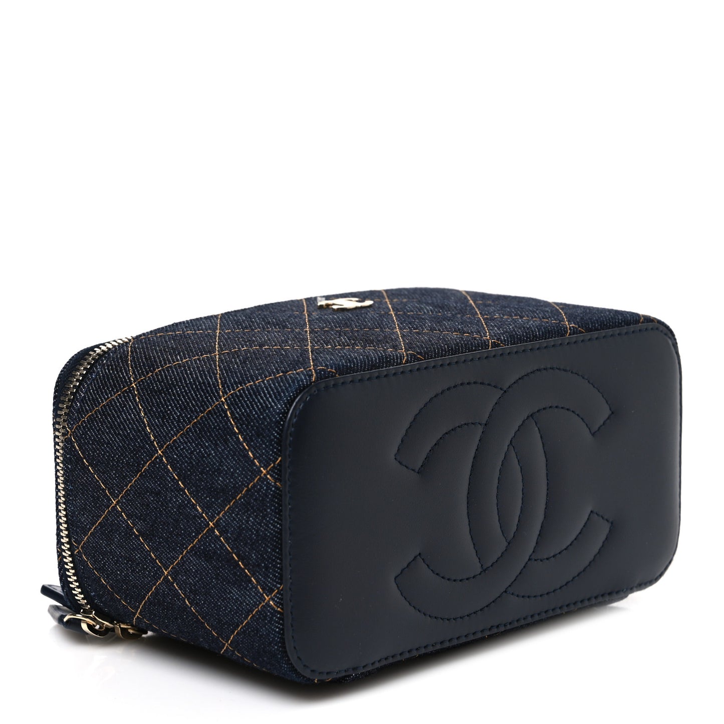 Denim Quilted Small Vanity Case With Chain Dark Blue Orange
