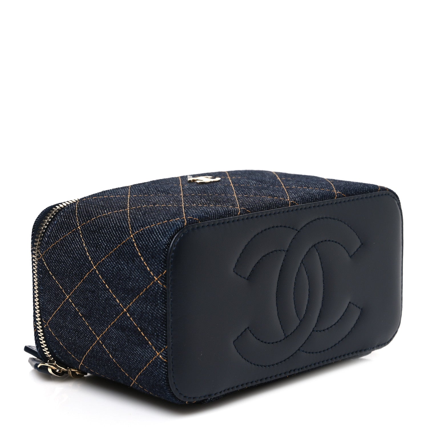 Chanel Denim Quilted Small Vanity Case With Chain Dark Blue Orange 3 of 9