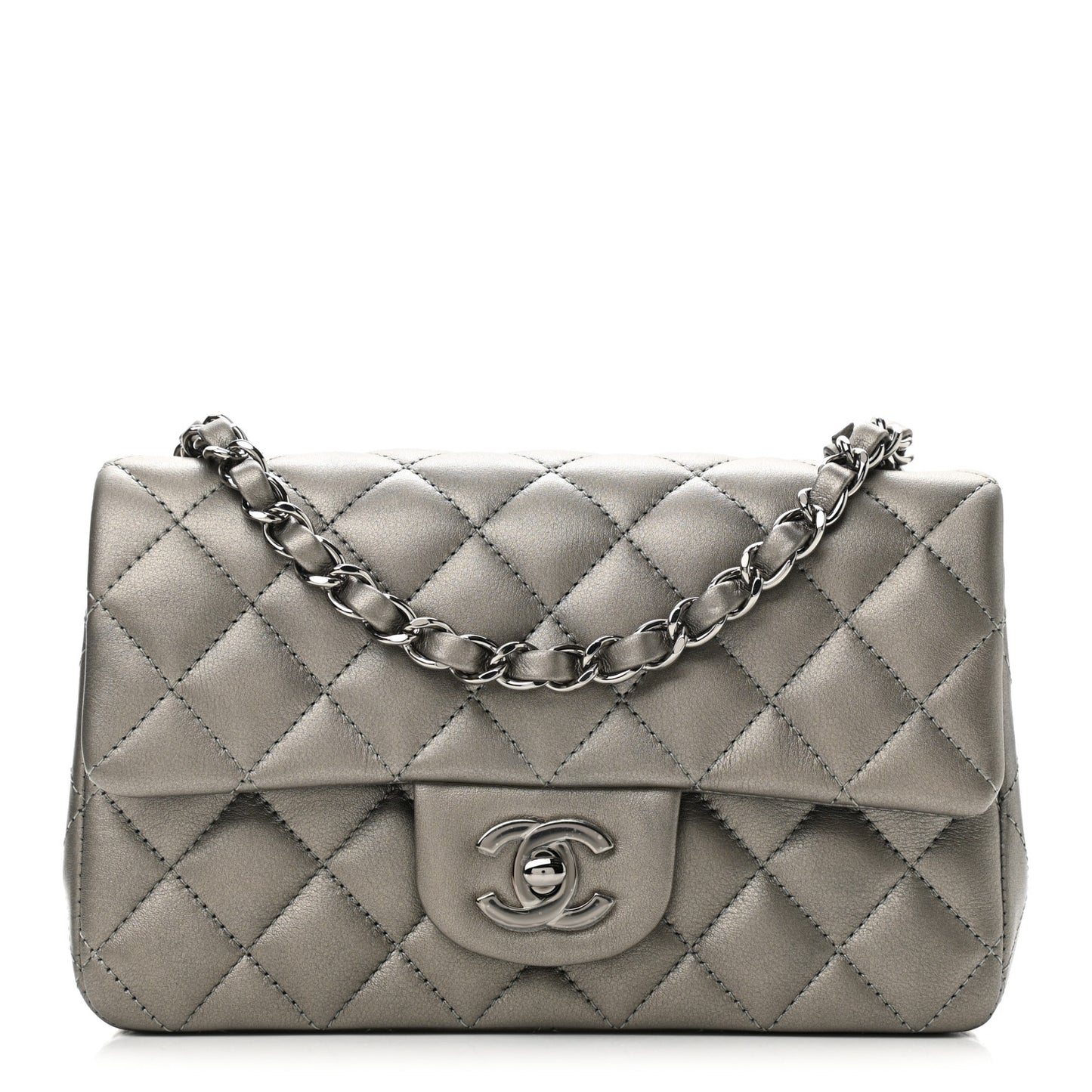 Metallic Lambskin Quilted Mini Rectangular Flap Dark Grey