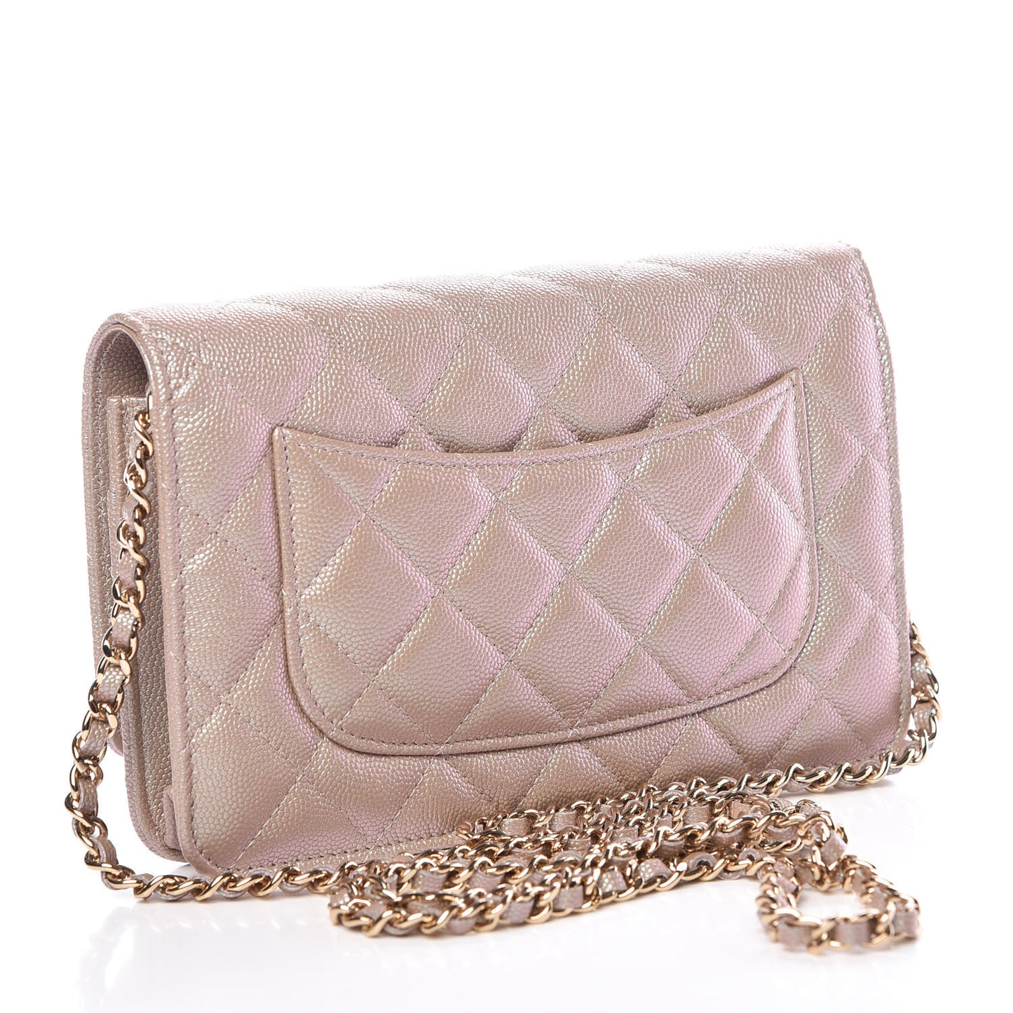 Iridescent Caviar Quilted Wallet On Chain WOC Beige