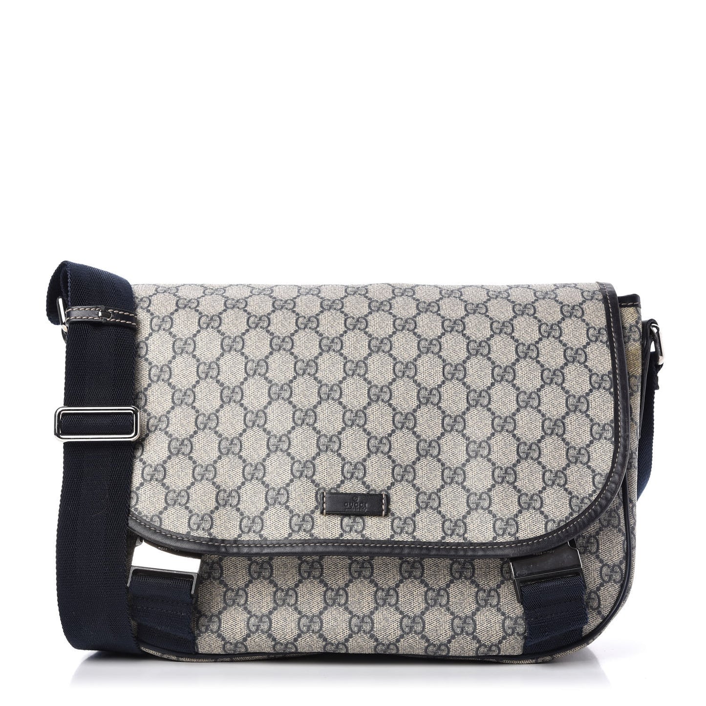 GG Plus Monogram Medium Double Buckle Flap Messenger Bag Beige Navy
