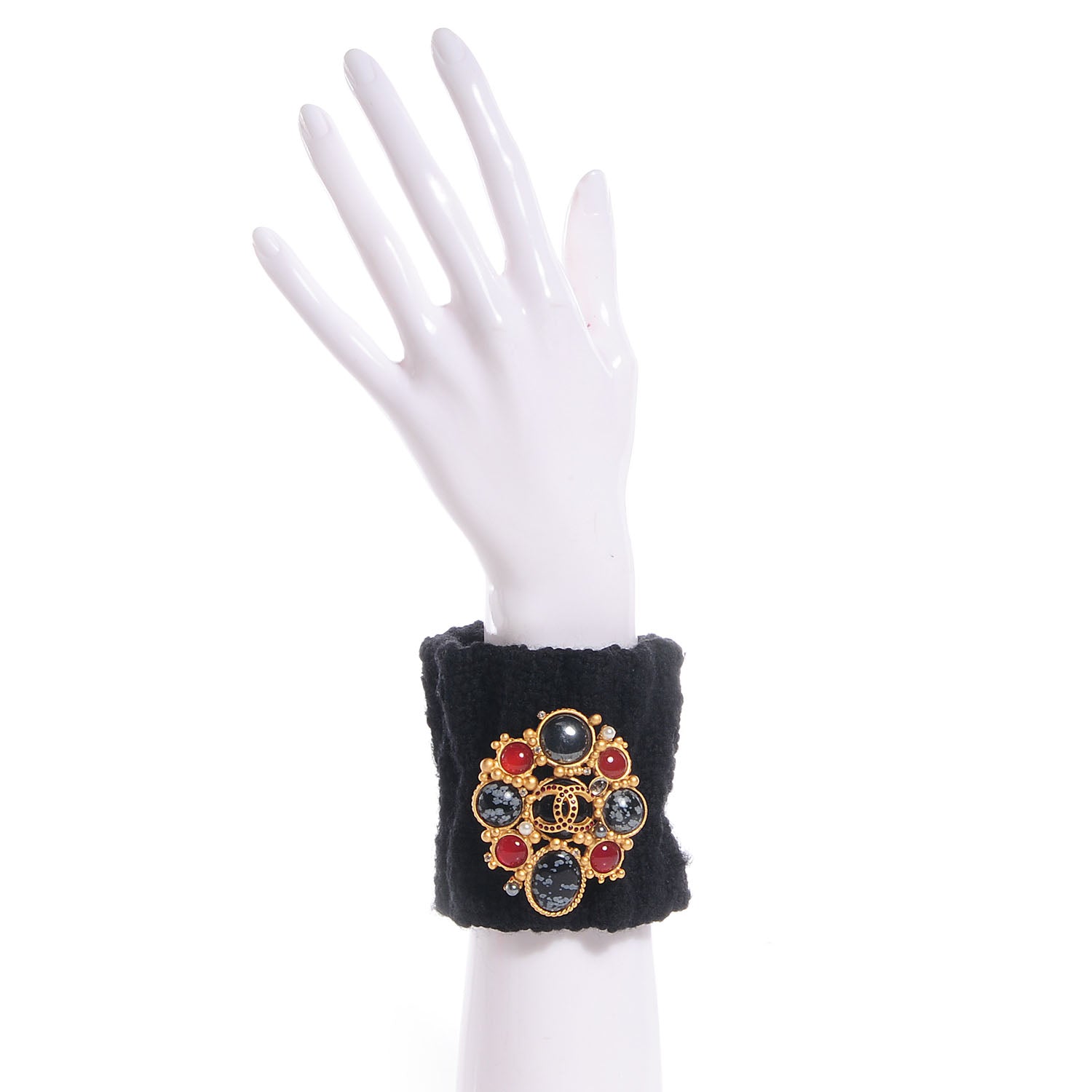 Chanel Tweed Cuff w Removable Gripoix Brooch Black 2 of 14