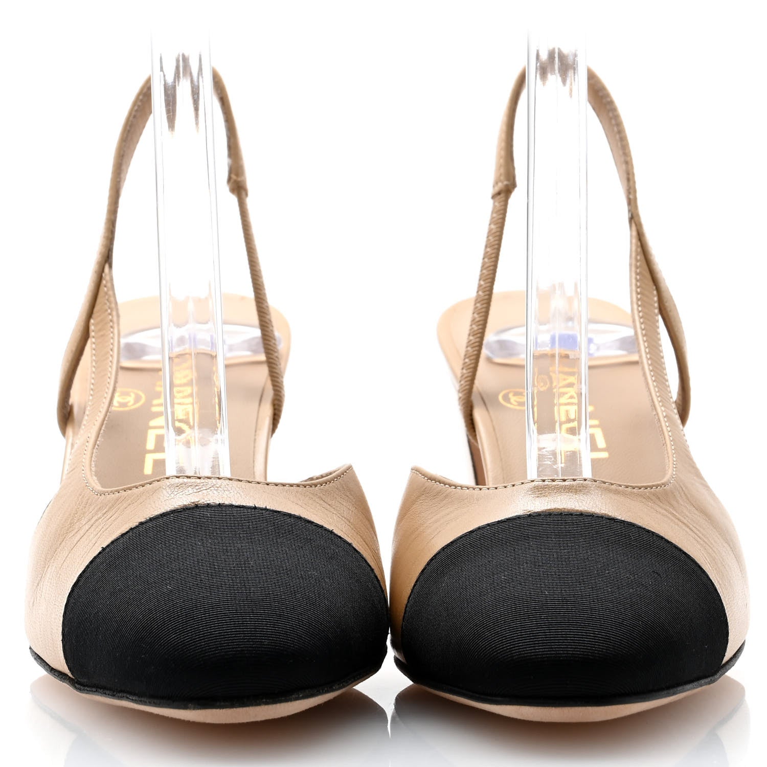 Chanel Goatskin Grosgrain Cap Toe CC Slingback Pumps 36.5 Beige Black 2 of 10