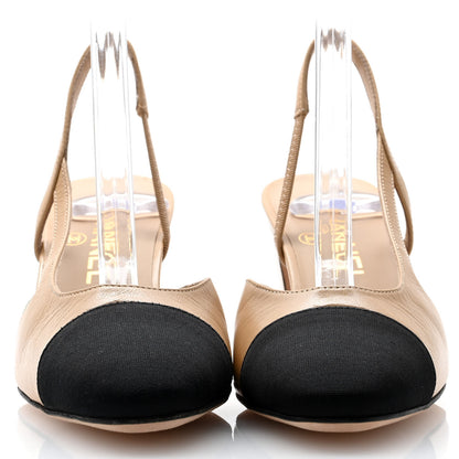 Chanel Goatskin Grosgrain Cap Toe CC Slingback Pumps 36.5 Beige Black 2 of 10