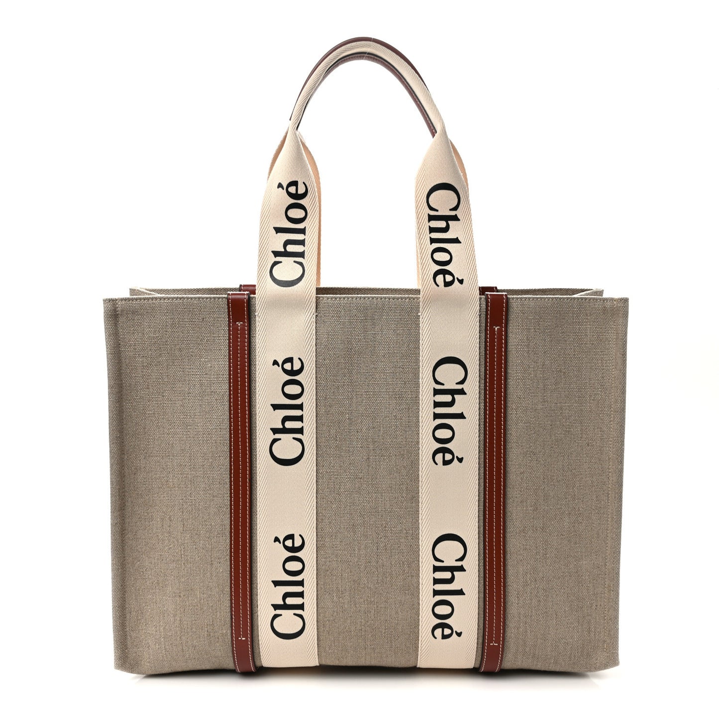 Linen Calfskin Large Woody Ribbon Tote White Brown