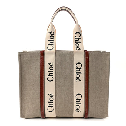 Chloe Linen Calfskin Large Woody Ribbon Tote White Brown 1 of 13