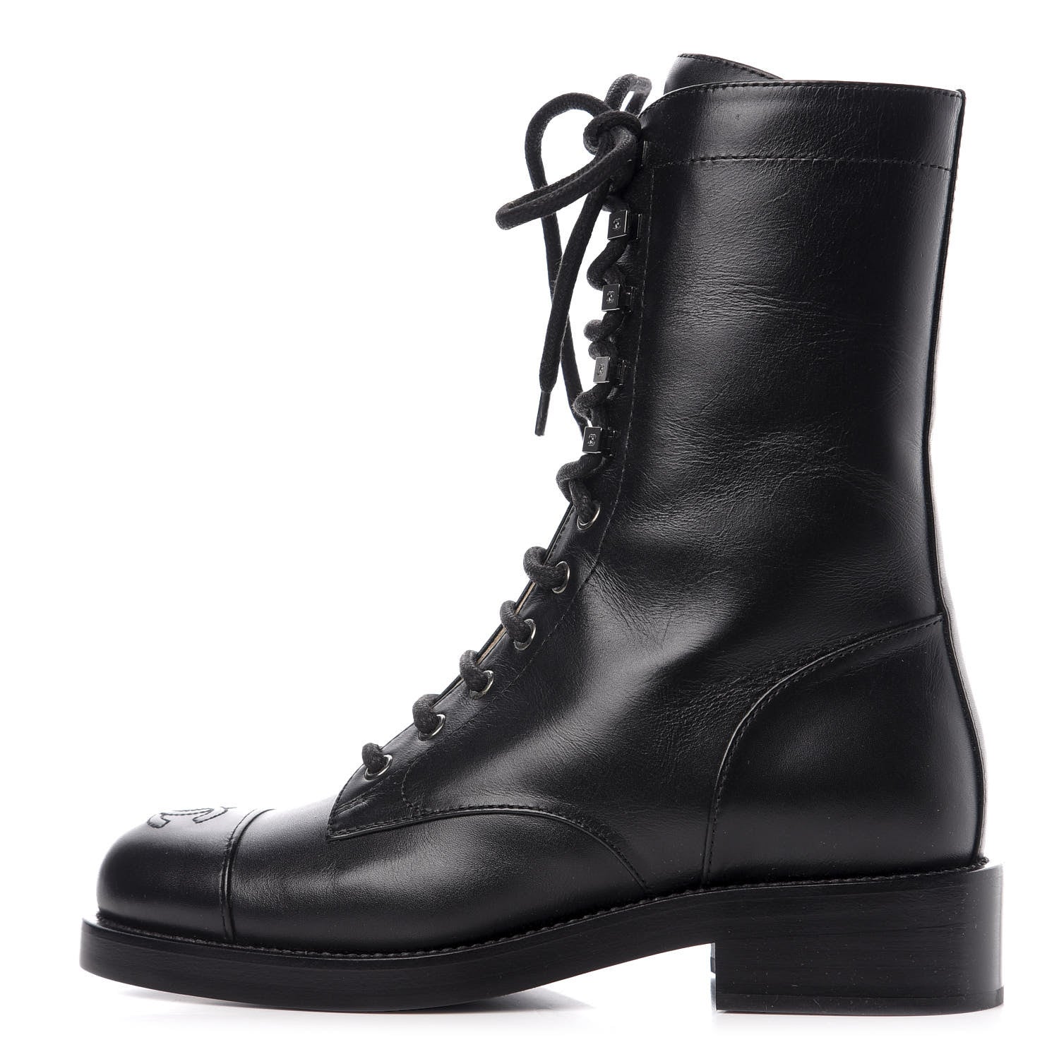 Chanel Lambskin Lace Up Combat Boots 36 Black 1 of 9