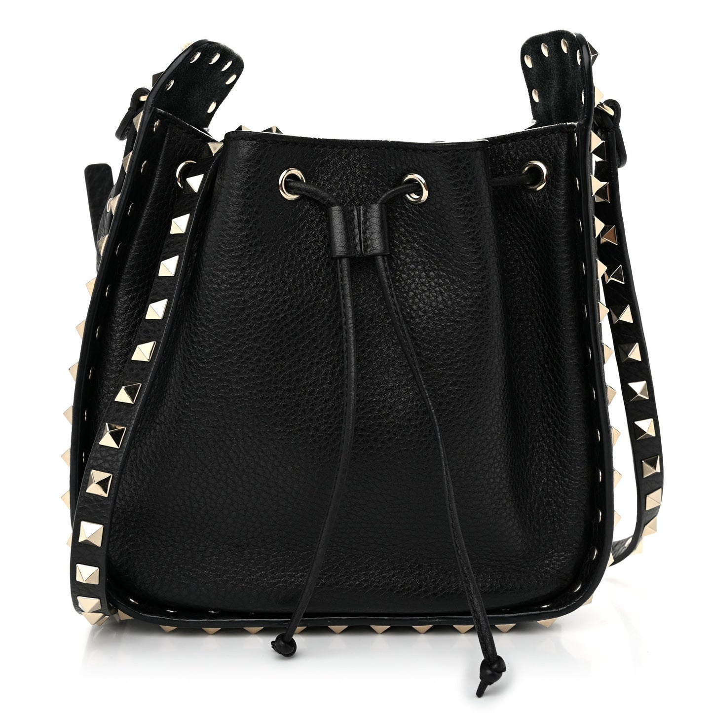 Grained Calfskin Rockstud Bucket Bag Black