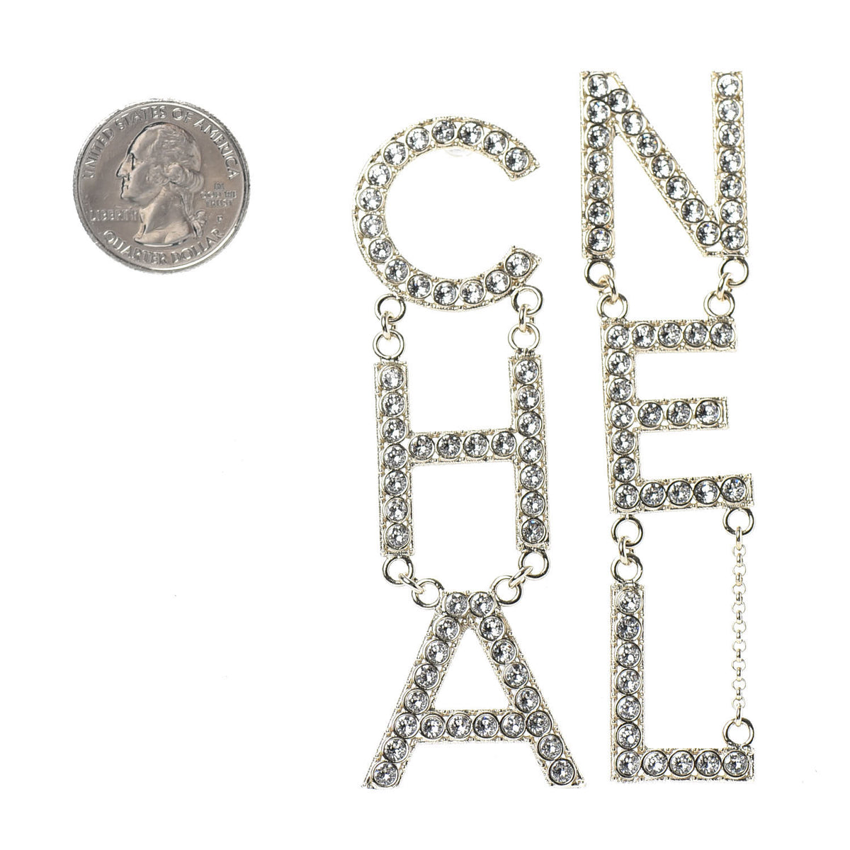 Chanel Crystal Cha-Nel Logo Drop Earrings Gold 2 of 4