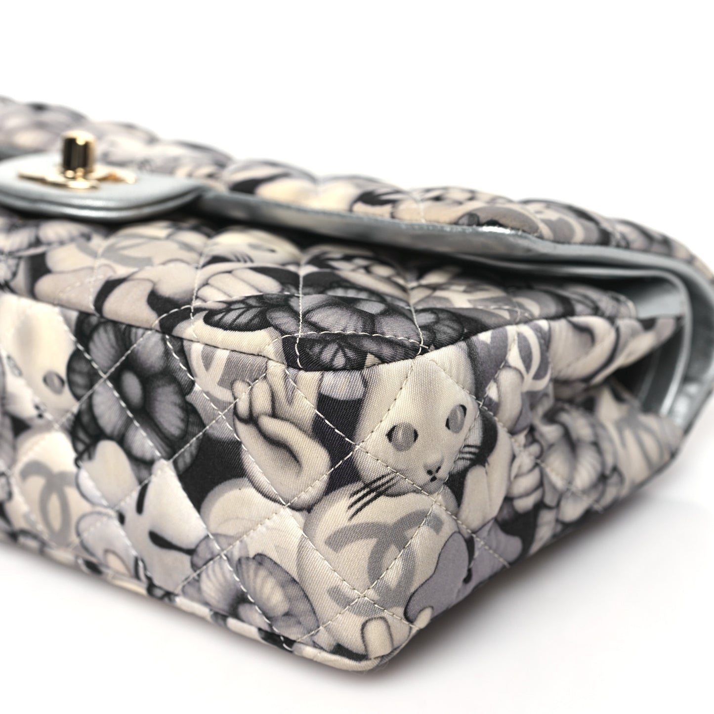 Nylon Quilted Medium Cat Emoticon Double Flap Navy Grey Ecru