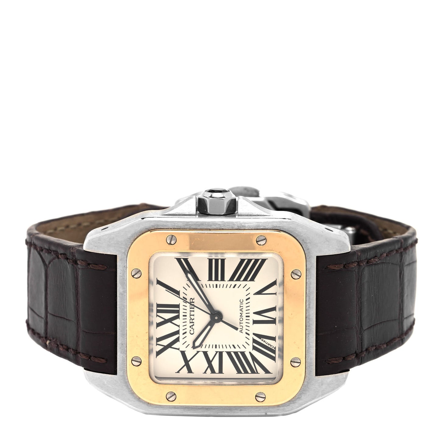Stainless Steel 18K Pink Gold Alligator 33mm Santos 100 Automatic Watch