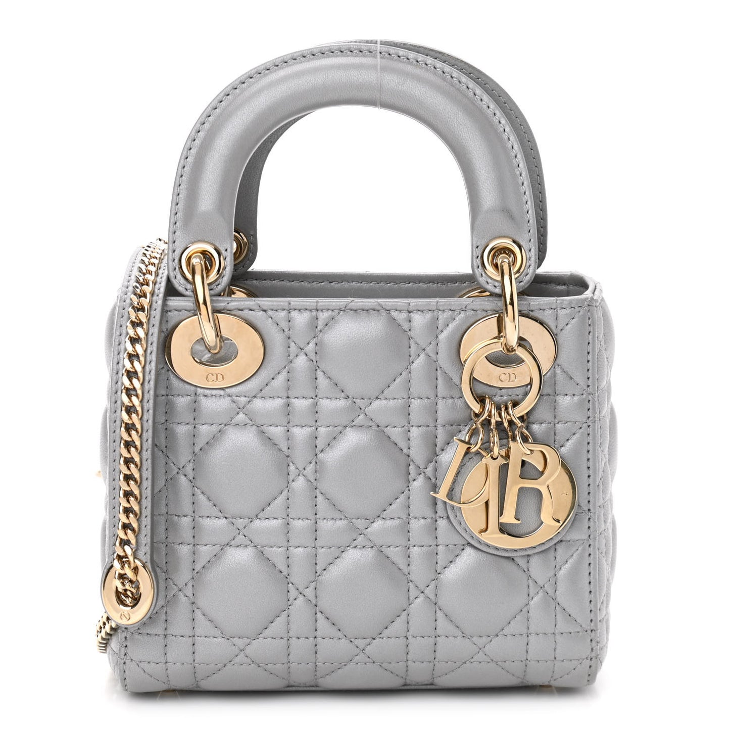 Metallic Lambskin Cannage Mini Lady Dior Grey