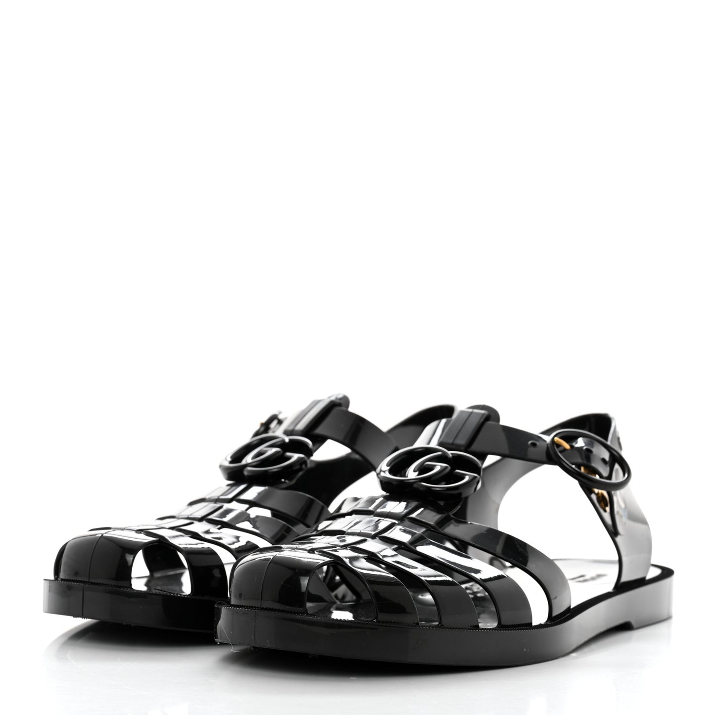 Shiny Rubber Double G Buckle Strap Sandals 38 Black