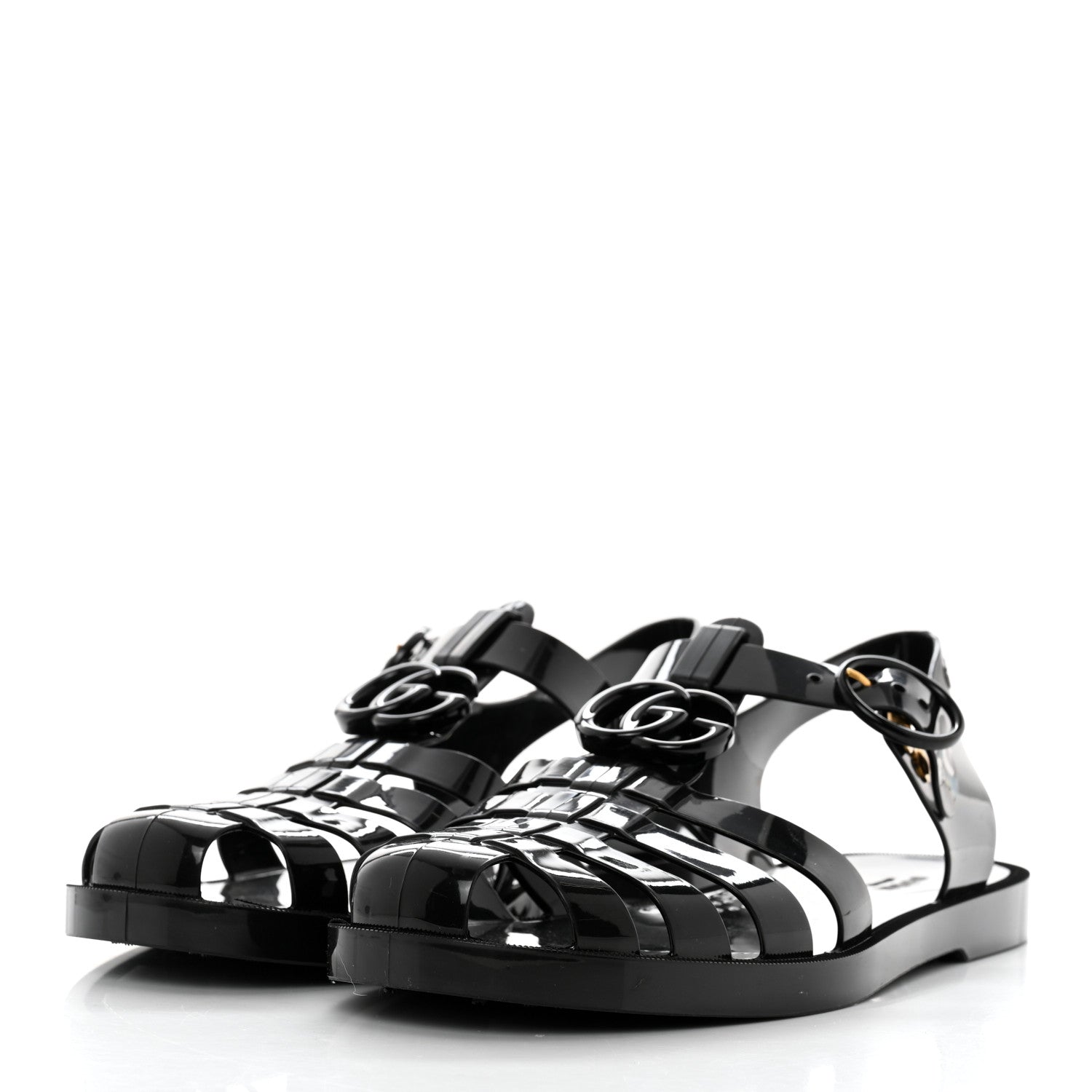 Gucci Shiny Rubber Double G Buckle Strap Sandals 38 Black 3 of 8