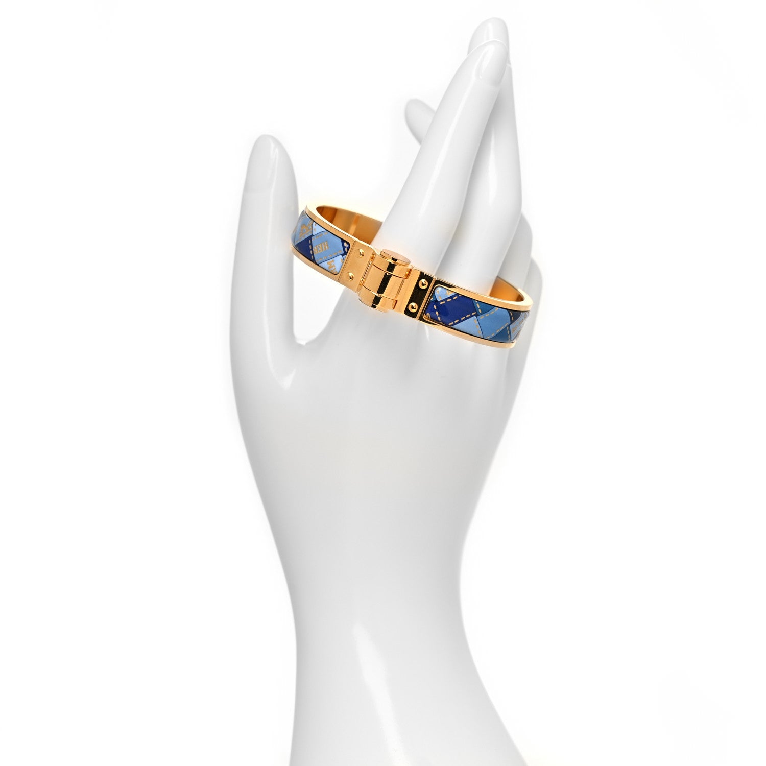 Hermes Enamel Printed Narrow Bolduc Au Carre Hinged Bracelet S Bleu Fumoir 2 of 6
