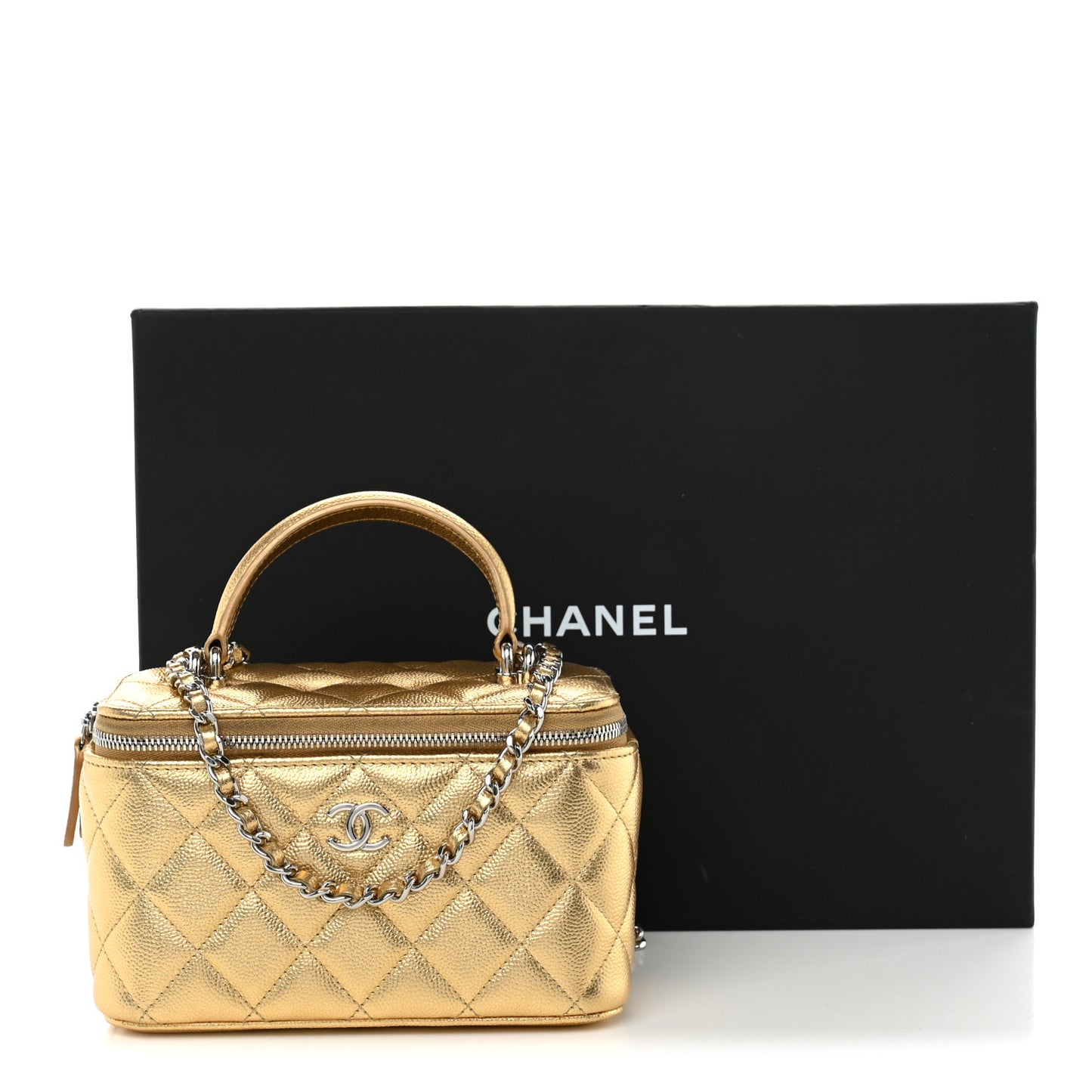 Metallic Caviar Quilted Top Handle Slim Vanity Case With Chain Gold