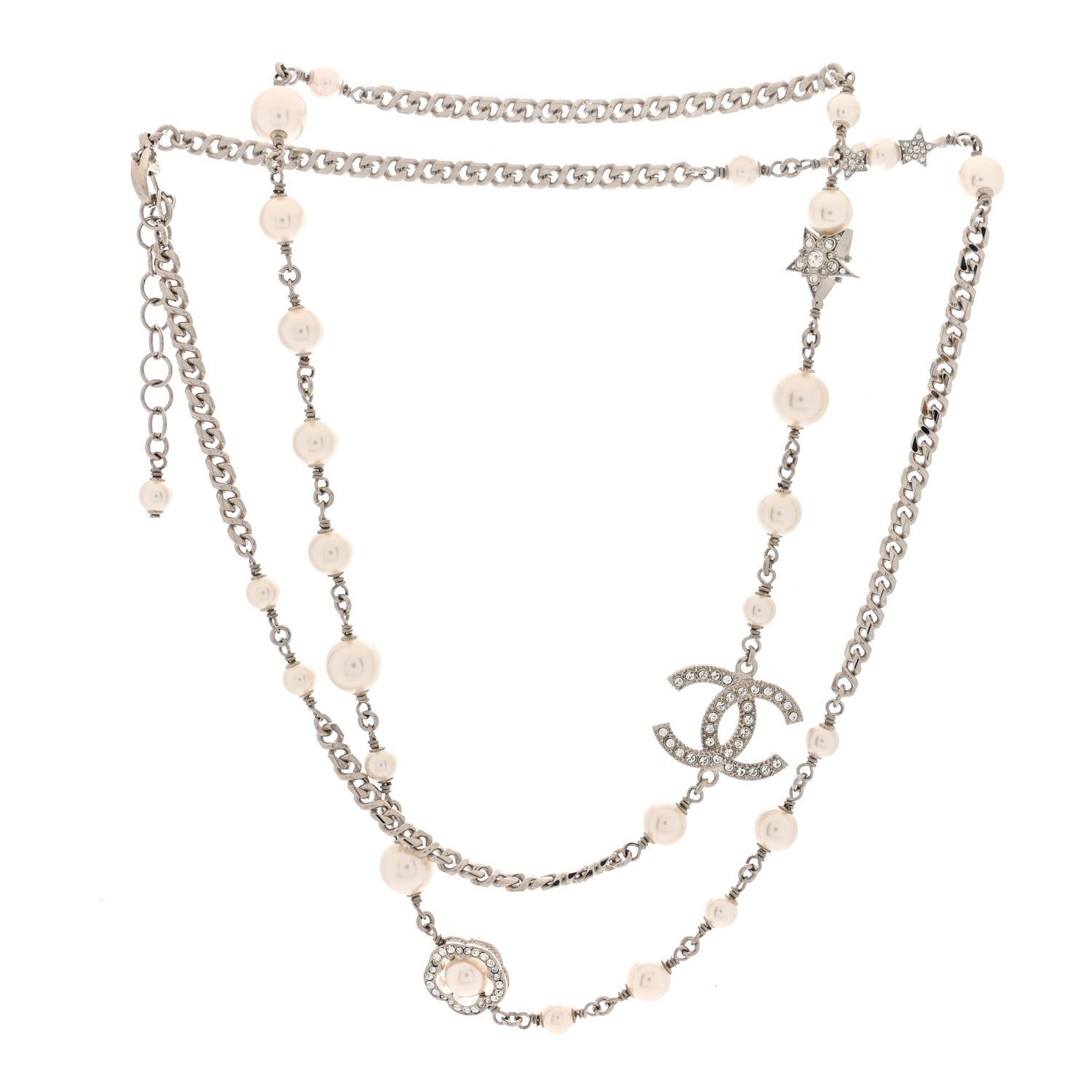 Chanel Pearl Crystal CC Starfall Necklace Silver 3 of 5
