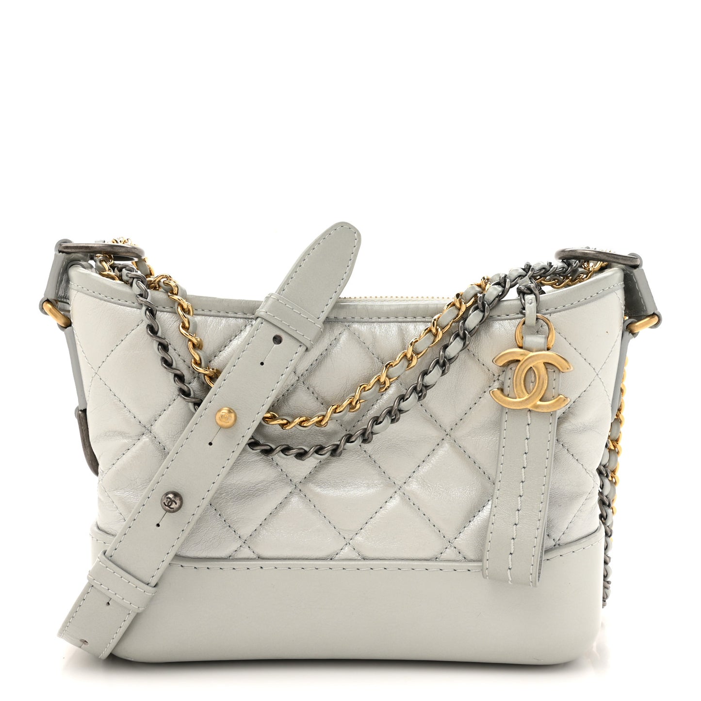 Metallic Aged Calfskin Quilted Small Gabrielle Hobo Light Silver