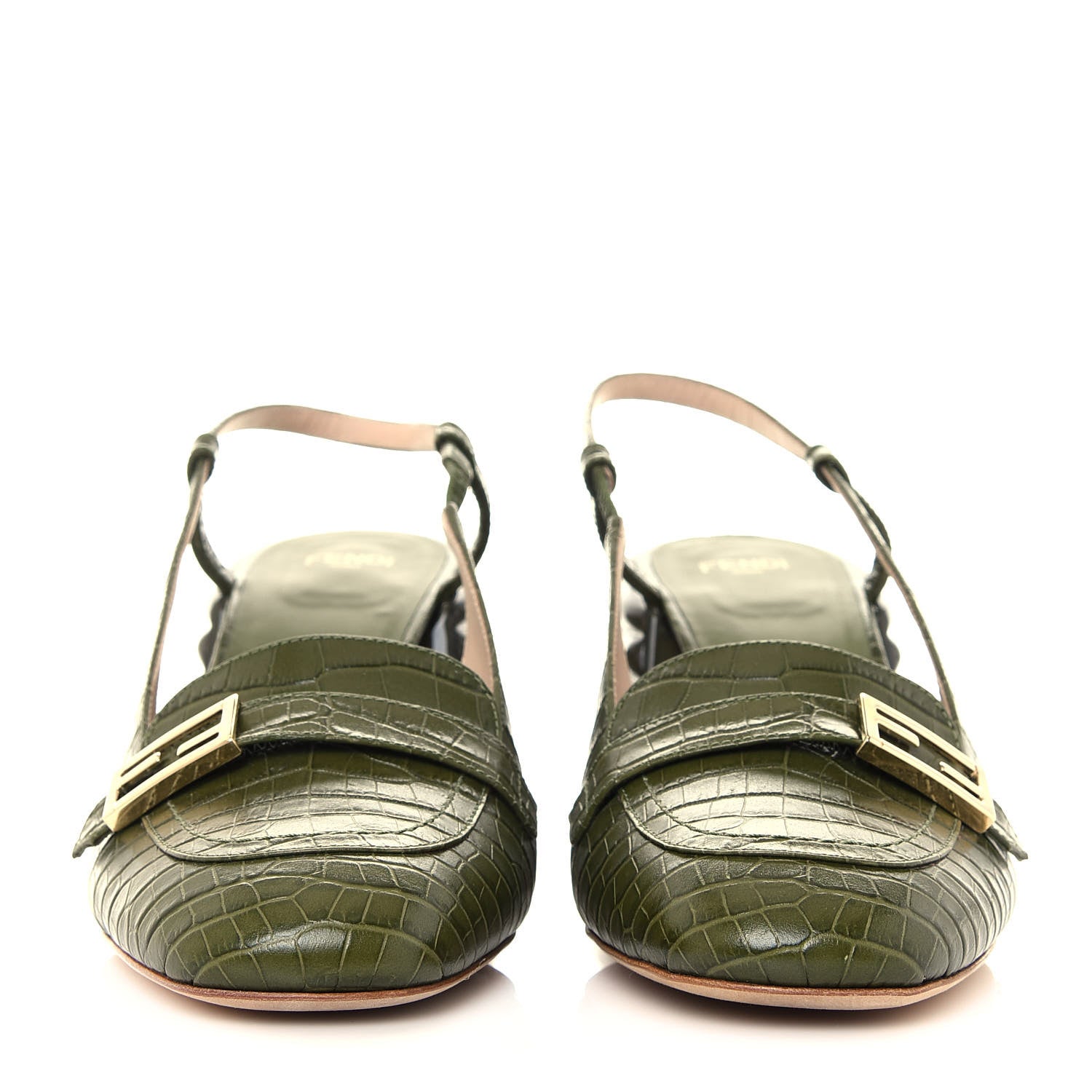 Fendi Calfskin Crocodile Embossed Promenade Slingback Loafer Pumps 39 Military Green 2 of 8