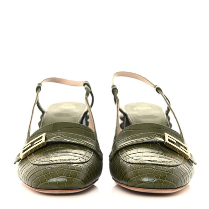 Fendi Calfskin Crocodile Embossed Promenade Slingback Loafer Pumps 39 Military Green 2 of 8