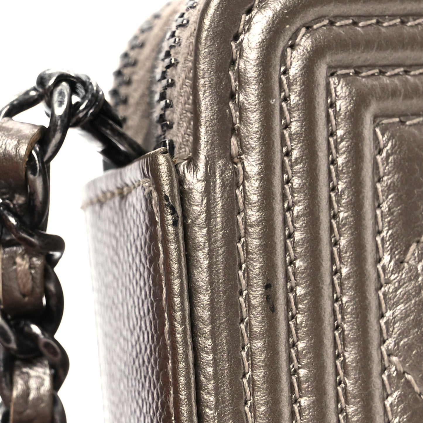 Metallic Caviar Quilted Small Boy Clutch With Chain Copper