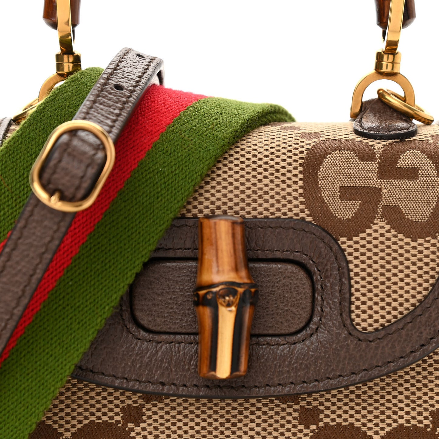 Monogram Jumbo GG Textured Dollar Calfskin Web Mini Bamboo 1947 Top Handle Bag Camel Ebony New Acero