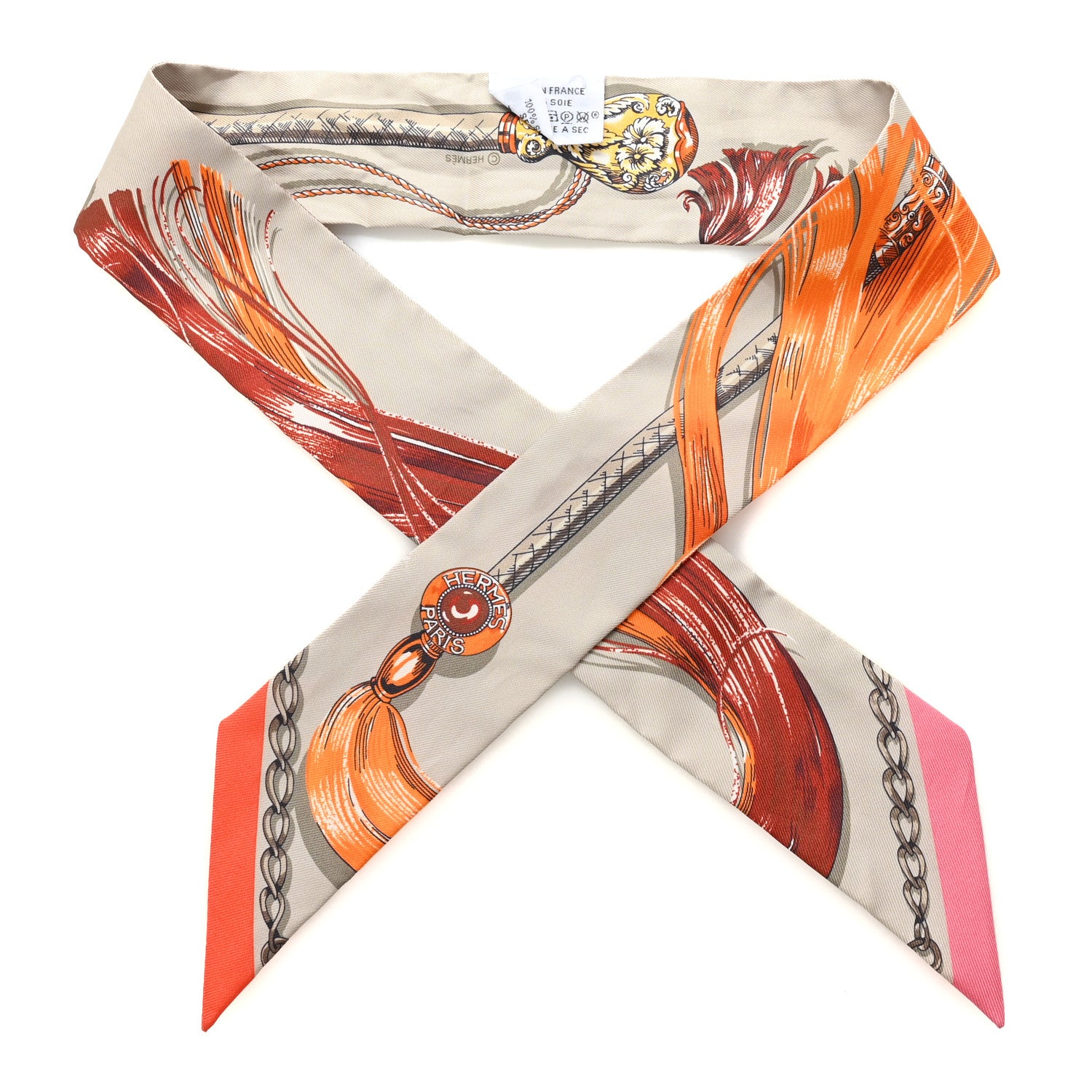 Hermes Silk Cavalcades Twilly Gris Perle Orange Acajou 1 of 4
