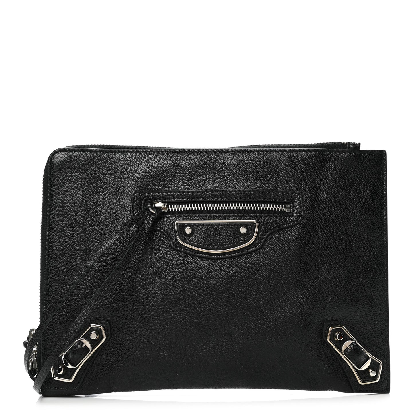 Chevre Silver Metallic Edge Hardware Pouch Black