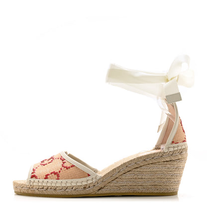 Gucci GG Raffia Monogram Ankle Wrap Platform Espadrille Wedge Sandals 40 Beige 1 of 11