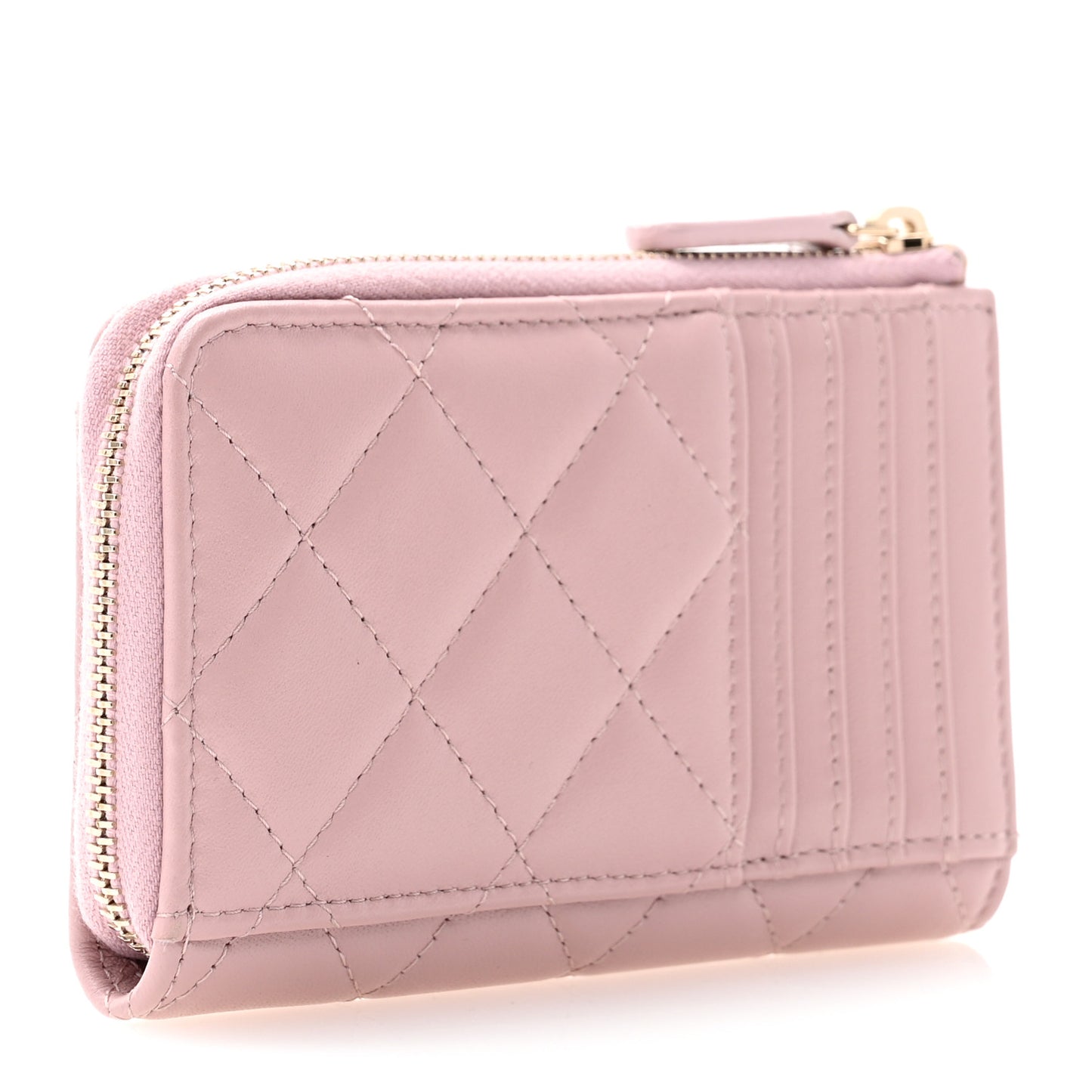 Lambskin Quilted Pearl Crystal CC Zip Around Card Holder Pink