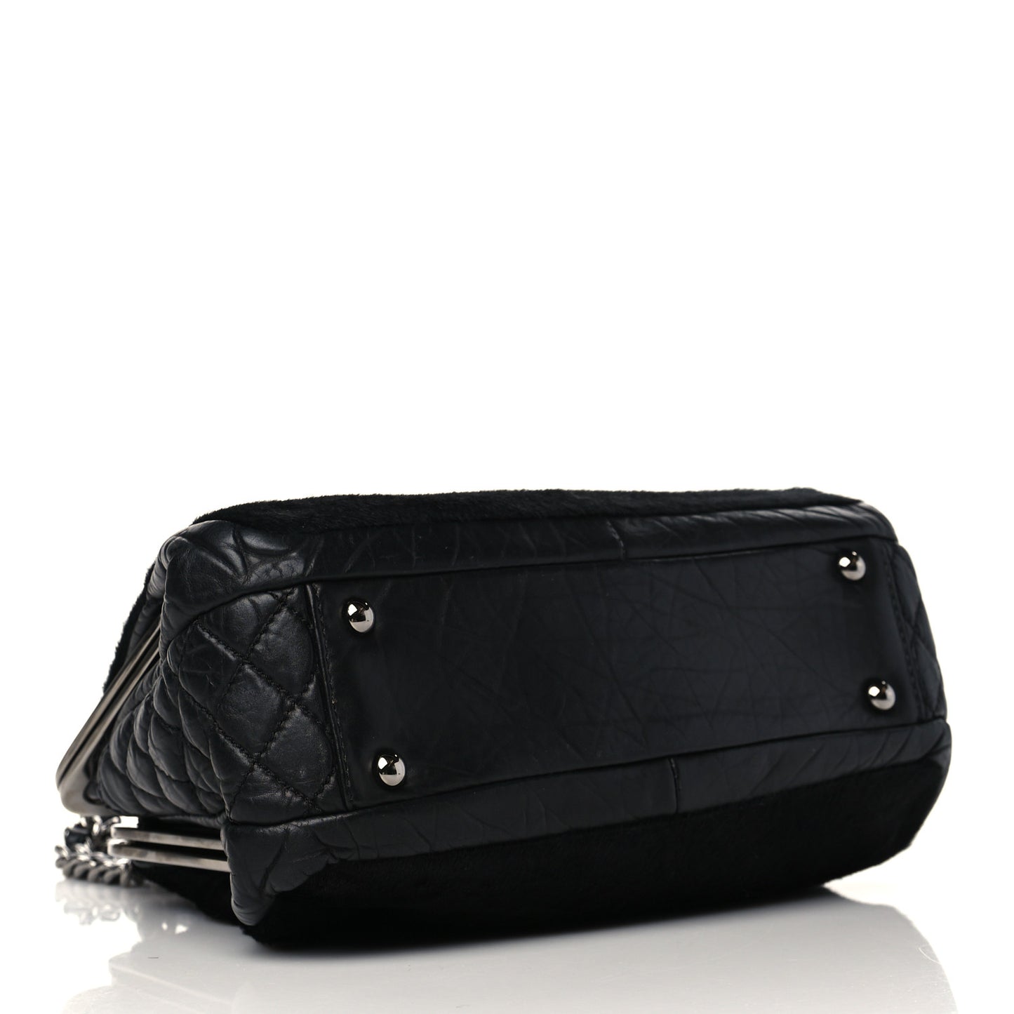 Pony Hair Lambskin Quilted Kiss Lock Frame Bag Black