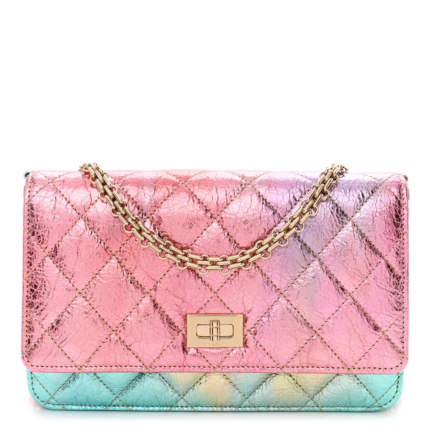 this is an image of a CHANEL Metallic Goatskin Quilted 2.55 Reissue Wallet on Chain WOC in pink, green and yellow by FASHIONPHILE