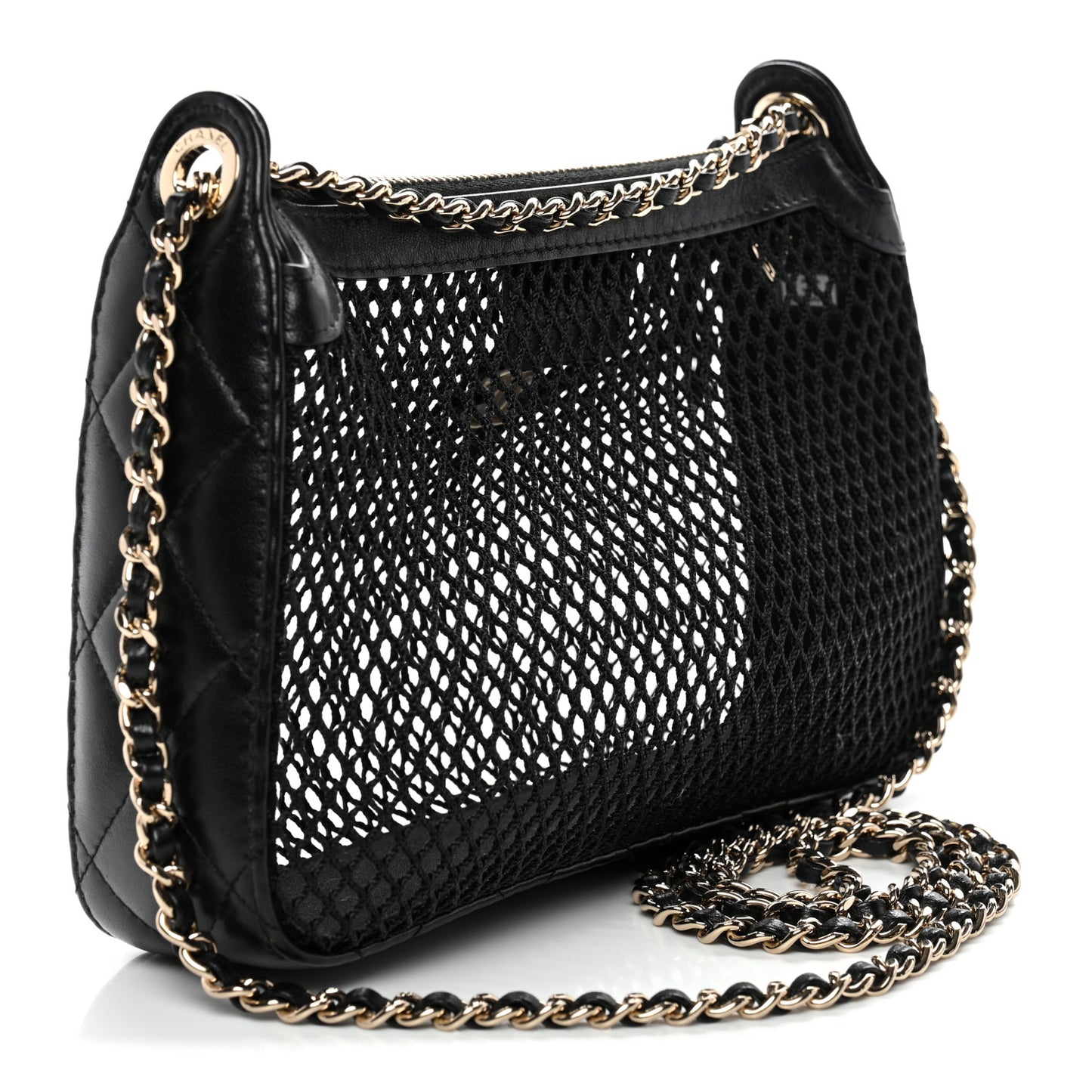 Mesh Shiny Lambskin Clutch With Chain Black